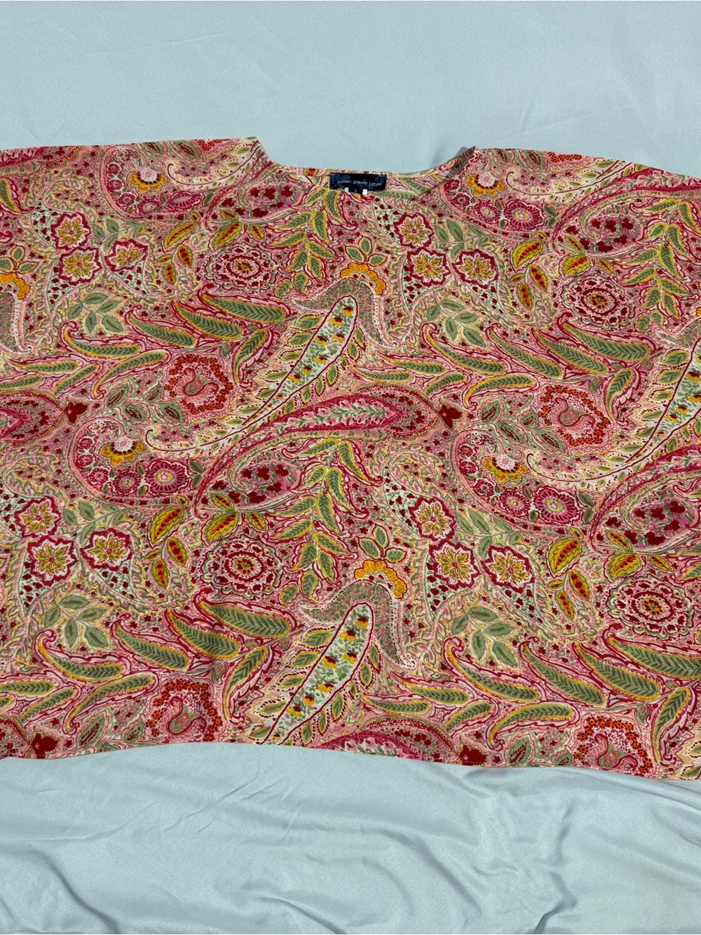 Boho Hippie Pink Paisley Short Sleeve Tunic with Green & Yellow Accents